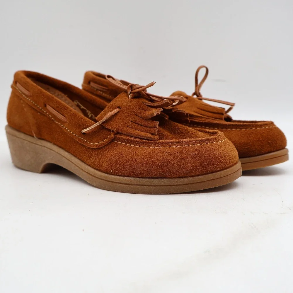 Young Ones Loafers Youth 13 Vintage Brown Suede Kiltie Fringe Moc Toe Wedge